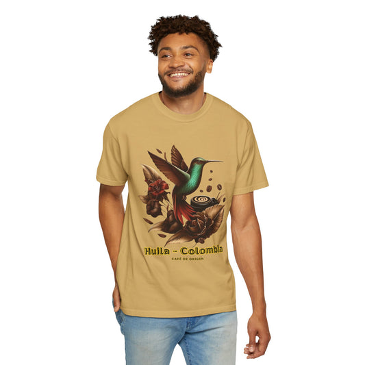 Coffee Hummingbird Unisex T-shirt - El Viajero Huila Dark Colibri - Front design