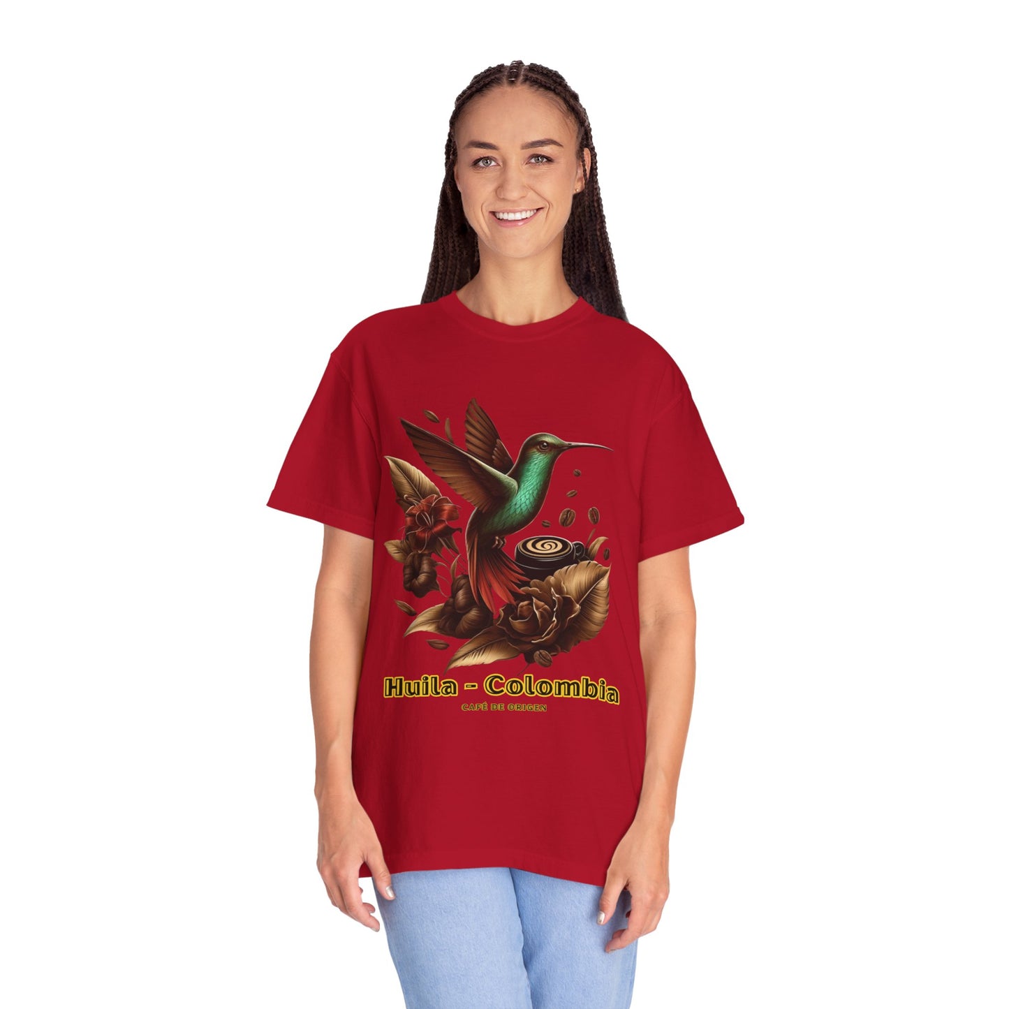 Coffee Hummingbird Unisex T-shirt - El Viajero Huila Dark Colibri - Front design