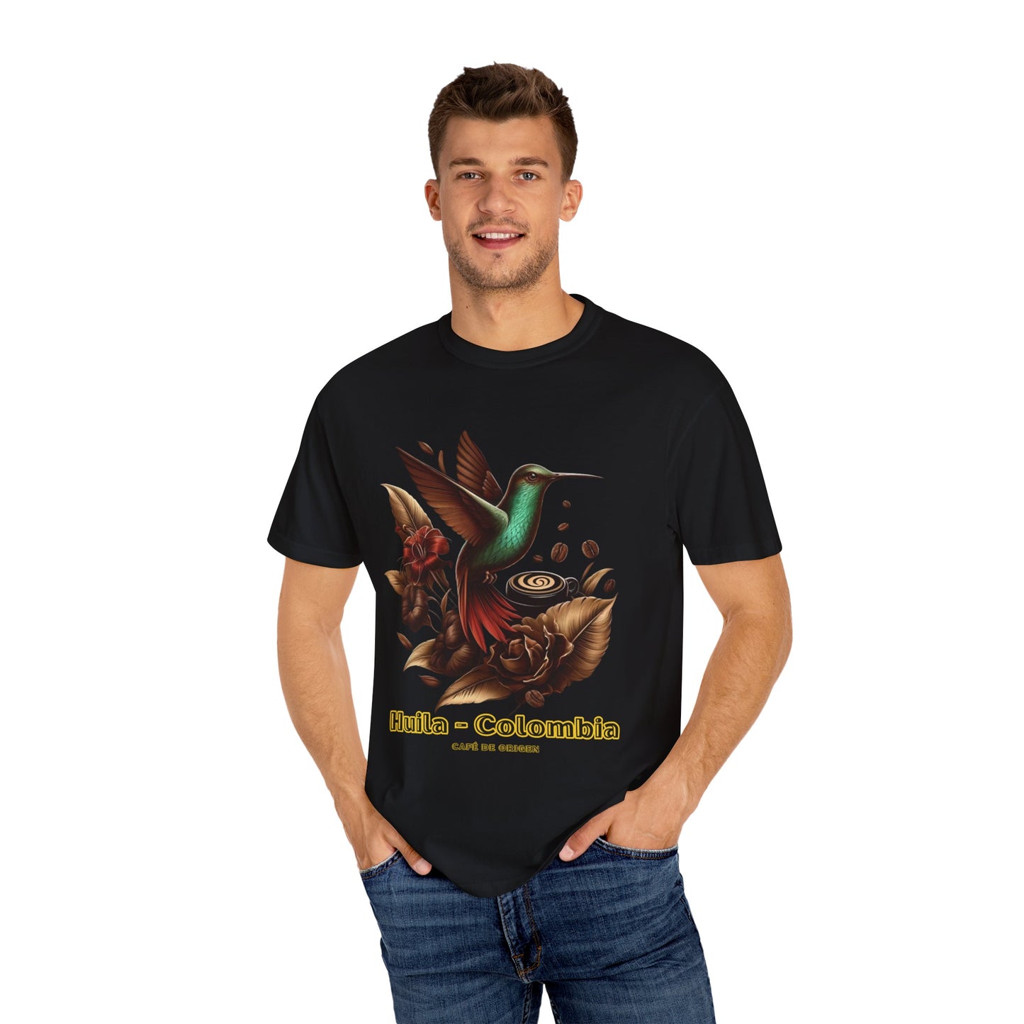 Coffee Hummingbird Unisex T-shirt - El Viajero Huila Dark Colibri - Front design