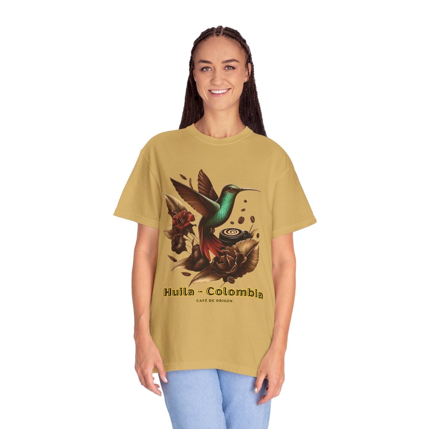 Coffee Hummingbird Unisex T-shirt - El Viajero Huila Dark Colibri - Front design