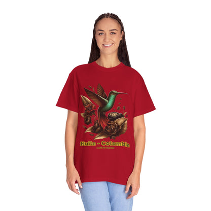Coffee Hummingbird Unisex T-shirt - El Viajero Huila Dark Colibri - Front design