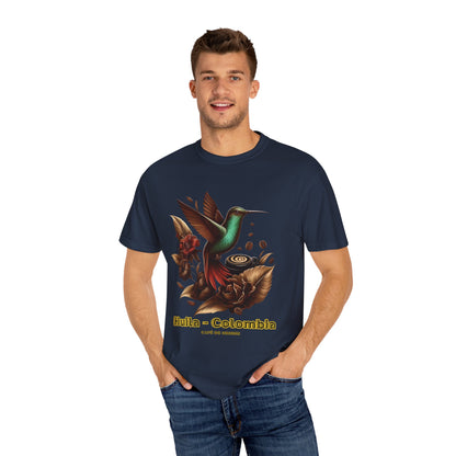 Coffee Hummingbird Unisex T-shirt - El Viajero Huila Dark Colibri - Front design