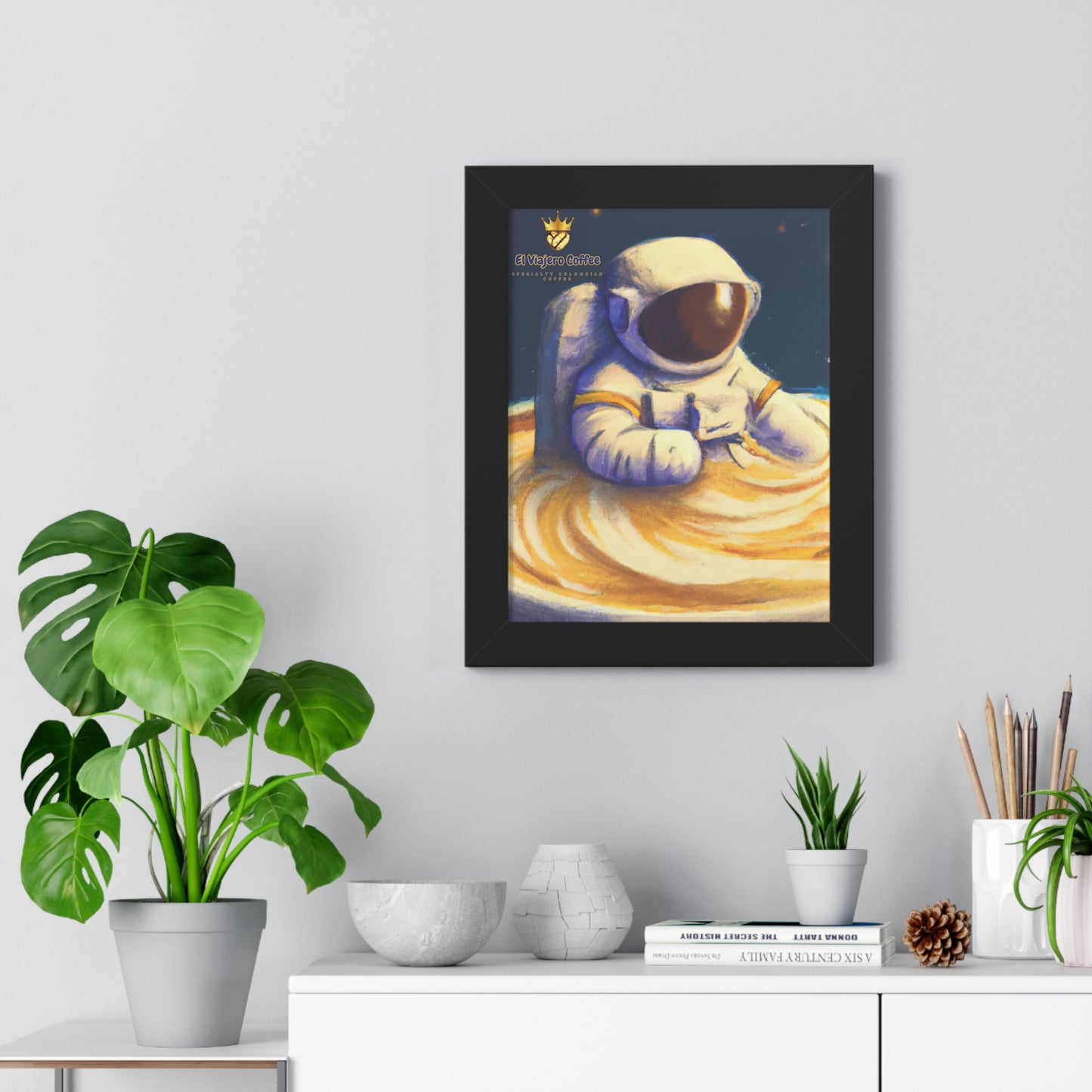 Vertical Poster Print - El Viajero Coffee Cappuccino Astronaut in the Milky Way